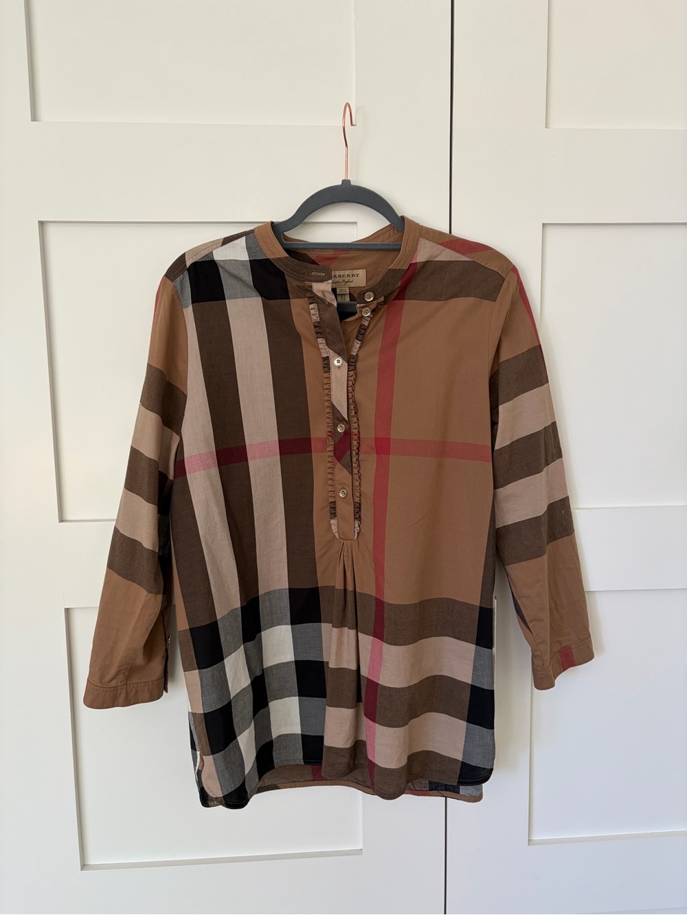 Burberry Tan and Black Plaid Button-Up Shirt